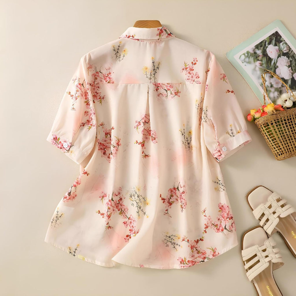 Gufrina Women's Cream Floral Printed Western Shirt with Button Down Front, Short Puff Sleeves and Relaxed Fit Silhouette