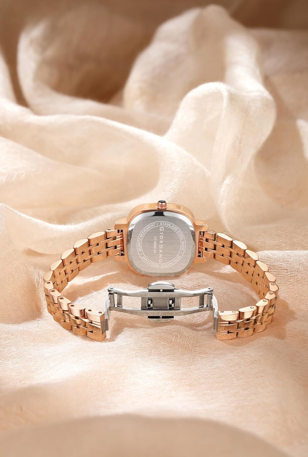 Giordano Elegant Square Rose Gold Watch for Women – Crystal & Roman Hour Markers, Day-Date Display, Stainless Steel Strap