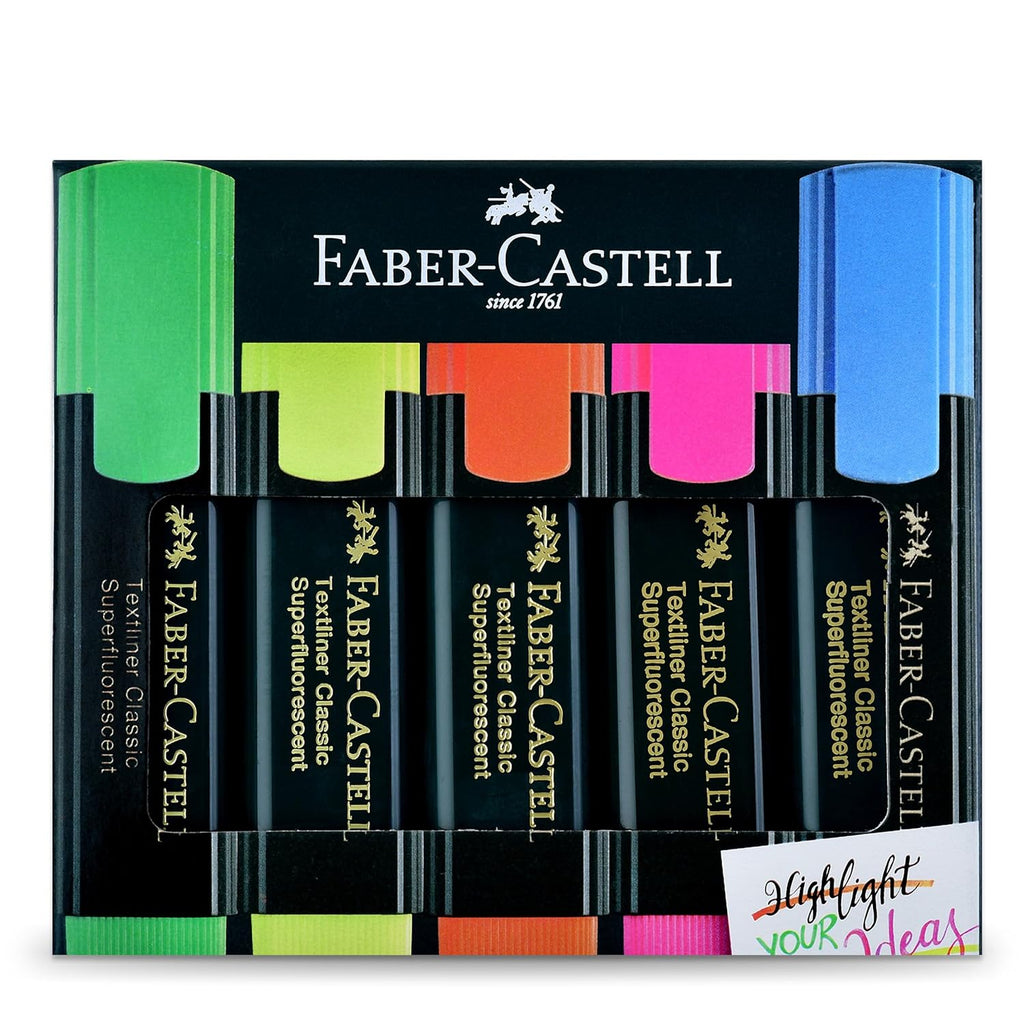 Faber-Castell Textliner Pen Set – Pack of 5 Assorted Colours | Refillable Markers for Study, Journaling & Doodling | Stationery Essential for Students