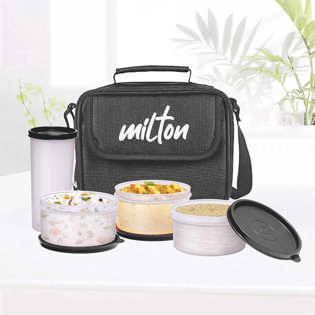 MILTON New Meal Combi Lunch Box with Insulated Fabric Jacket, 3 Microware Safe Plastic Containers 280 ml Each & Tumbler with lid 400 ml, Leak-Proof Tiffin for Office, College, Picnic, Black
