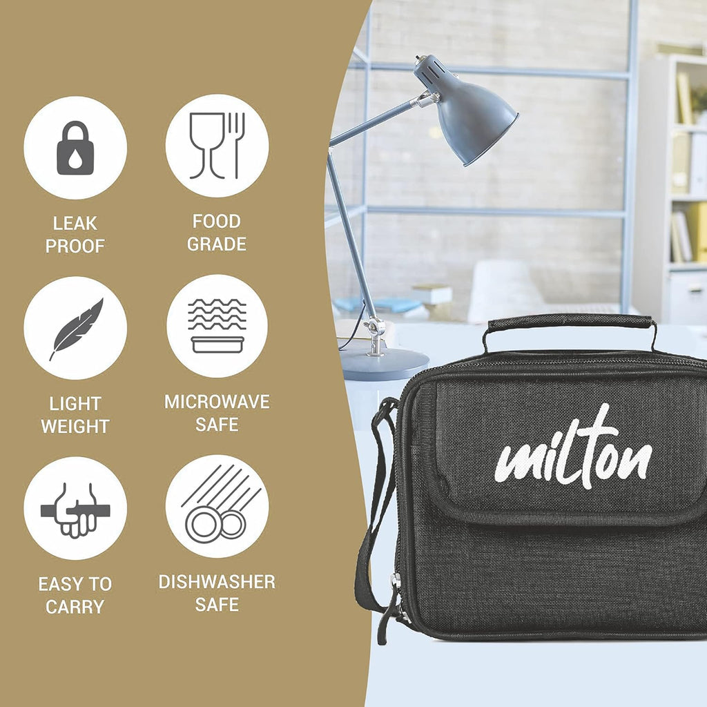 MILTON New Meal Combi Lunch Box with Insulated Fabric Jacket, 3 Microware Safe Plastic Containers 280 ml Each & Tumbler with lid 400 ml, Leak-Proof Tiffin for Office, College, Picnic, Black