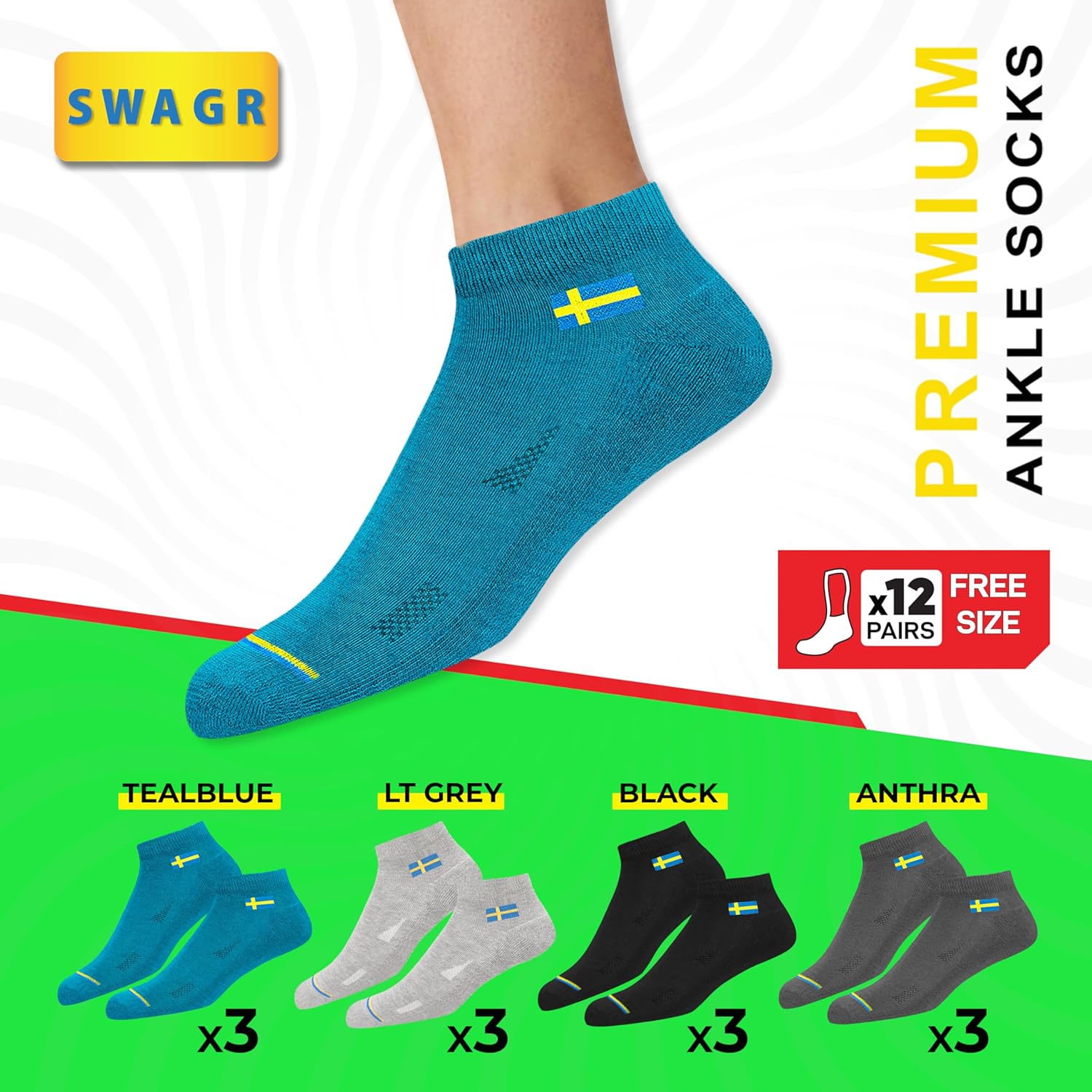SWAGR 12 Pairs Solid Cotton Ankle Length Socks for Men Women, Pack of 12., Assorted
