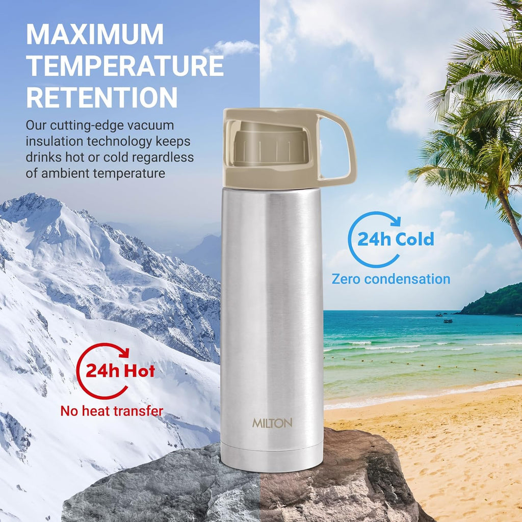 Milton Glassy 1000 Thermosteel Vacuum Insulated Double Walled Flask with Drinking Cup lid & Jacket, 1000 ml Water Bottles,24 Hours Hot & Cold,Easy to Carry,Rust Proof, Tea, Coffee,Travel Bottle,Grey