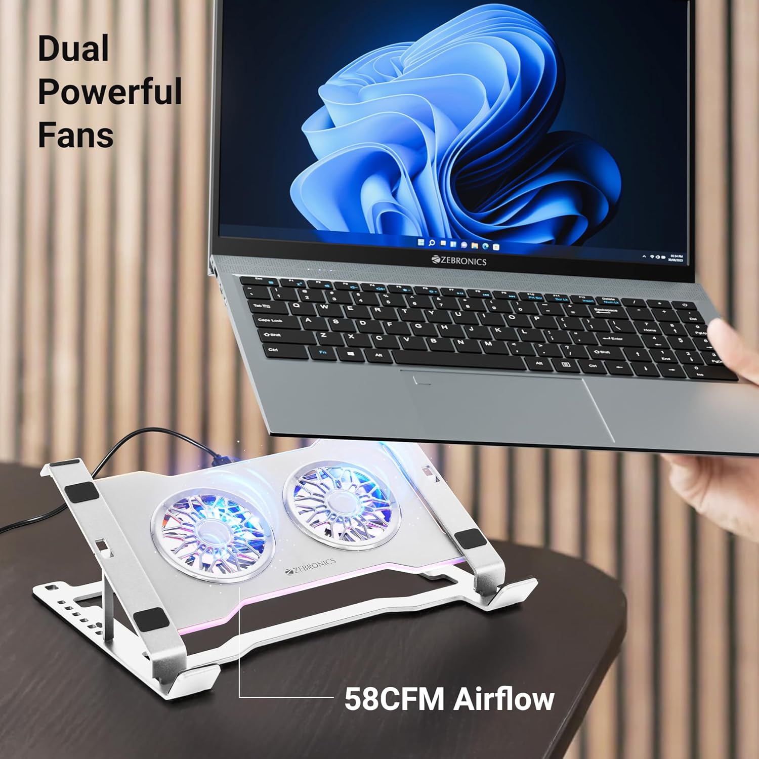 Zebronics NS5000 Laptop Metal Stand with Dual Fan, Upto 17 inch, Multicolor Fan + Speed Controller, 58CFM Airflow, 7-Level Angle Adjustment, Foldable, with USB & Type-C Ports, Anti-Slip Silicone Pads