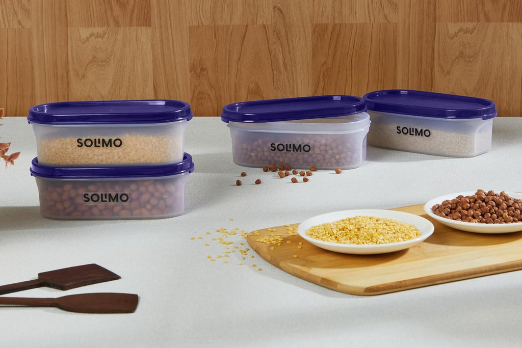 Amazon Brand - Solimo Modular Plastic Storage Containers with Lid | Airtight | BPA-Free | Set of 4 | 600 ML (Transparent)