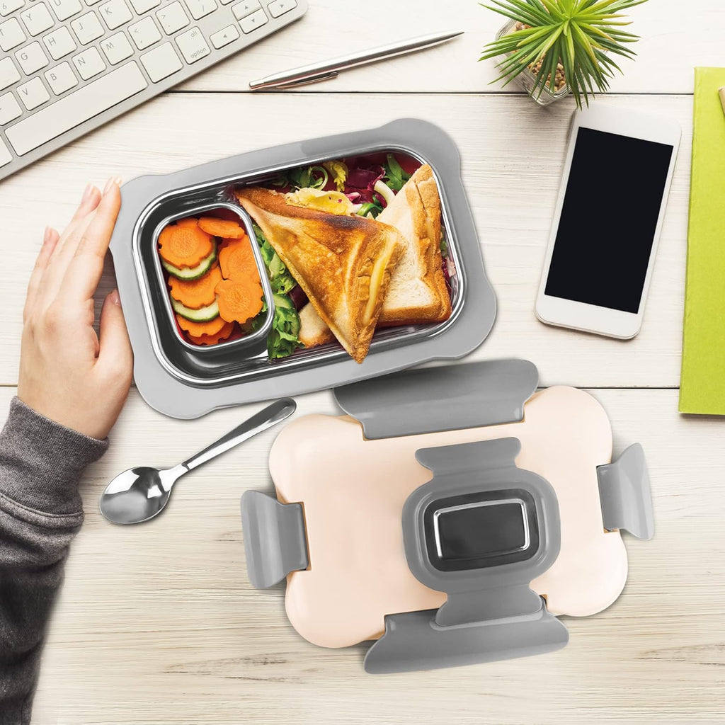 MILTON More Meal Large Kids Lunch Box Steel Insulated Inner Stainless Steel Containers with Clip Lock Lid, 770ml & 175 ml, Airtight Leakproof Kids Lunch Box, for School, Picnic, Ivory