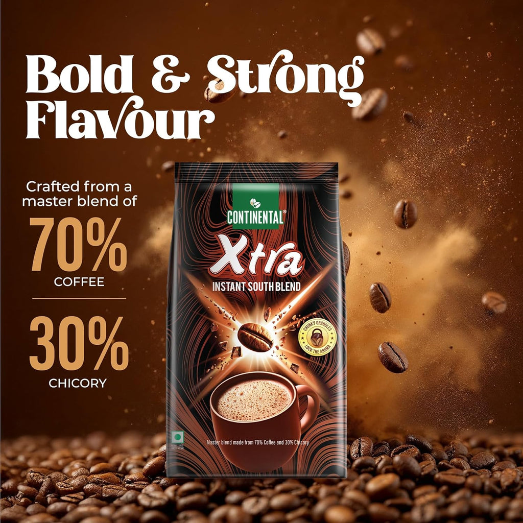 Continental Coffee Xtra Instant Coffee Powder | 200g Pouch | ‎70% Coffee 30% Chicory | South Blend Instant Coffee | Medium Roast | Premium Blend of Arabica & Robusta | Rich Aromatic Coffee