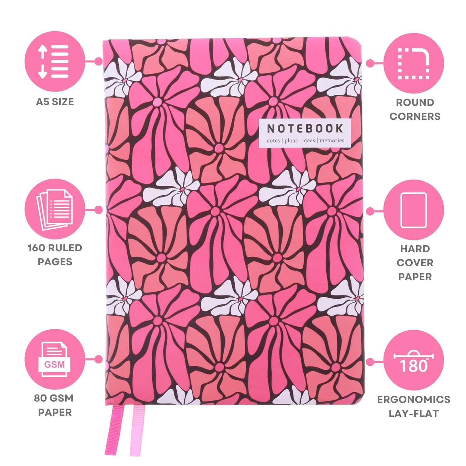 DOODLE Hard Bound Soft Foam Padded Hard Cover Paper Notebook | Compact A5 Size (8.25 x 5.7) | 160 Pages, 80 gsm | Flat Opening | Round Corners | Soft Foam Padding | 2 Bookmark Ribbons - Retro Bloom