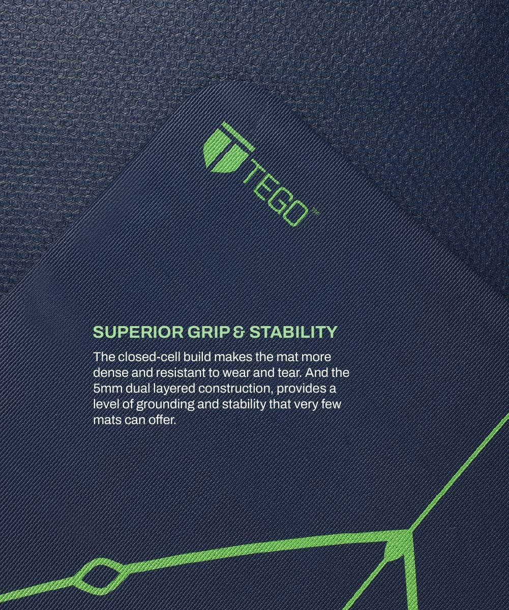 TEGO Stance Yoga Mat with GuideAlign for Posture Alignment (Blue Green Without Bag) | Reversible Design with Dual Texture Grip | 5mm Thick | Antimicrobial, Non-Slip, Sweat-Resistant | 6ft x 2ft | Yoga & Fitness Mat | Shoe-friendly Workout Mat