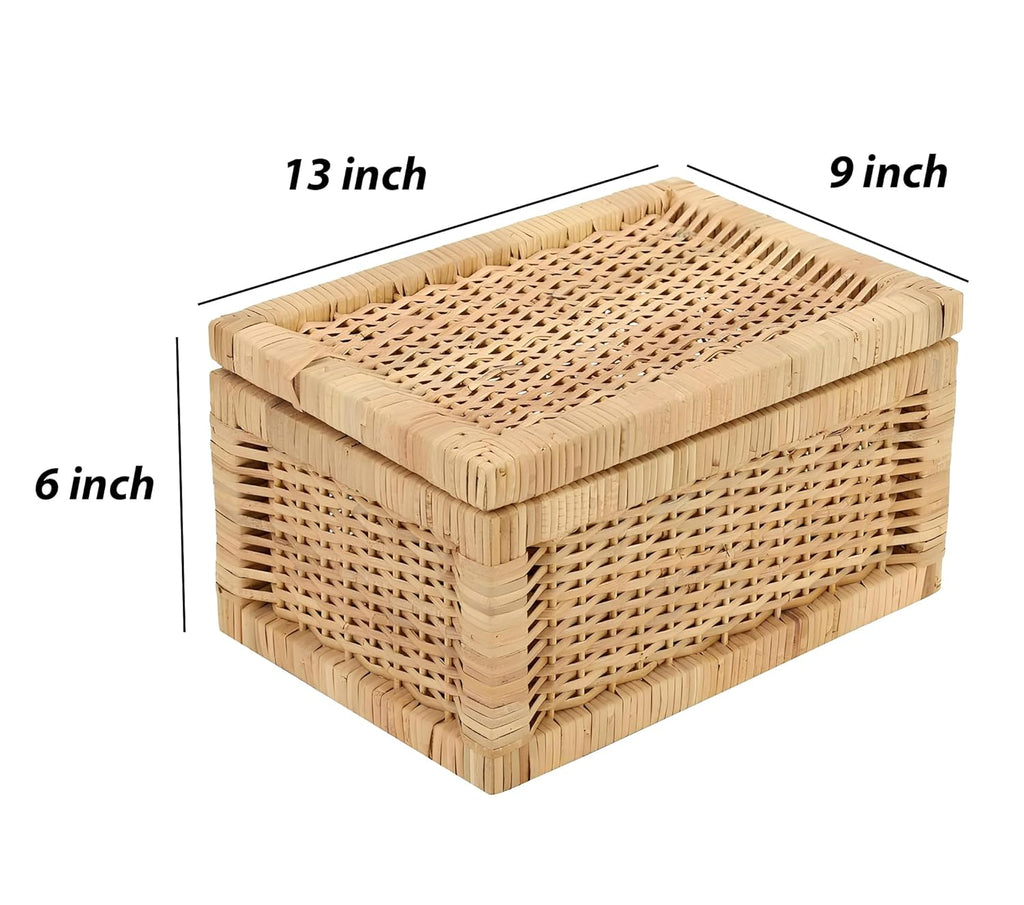 AKWAY wicker water hyacinth kauna grass bamboo cane Storage Basket with Lids Rectangular Handwoven Wicker Organizer Baskets Desktop Storage Box Rattan Container Desk Basket Bins(13"L x 9"W x 6"H)