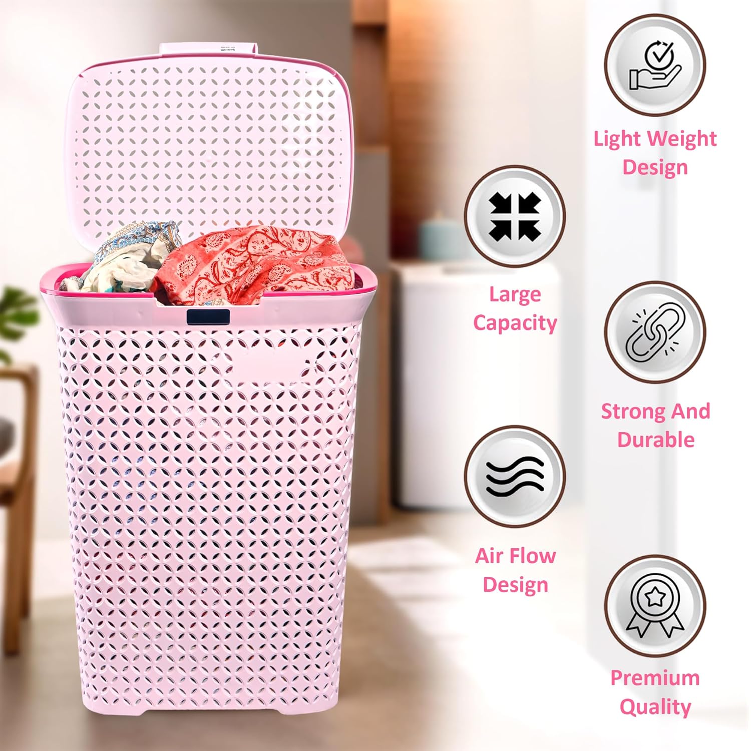 Kuber Industries 70 Ltrs Plastic Large Laundry Basket for Clothes with Lid | Multipurpose Storage Organiser for Home, Bedroom and Bathroom | Pale Pink