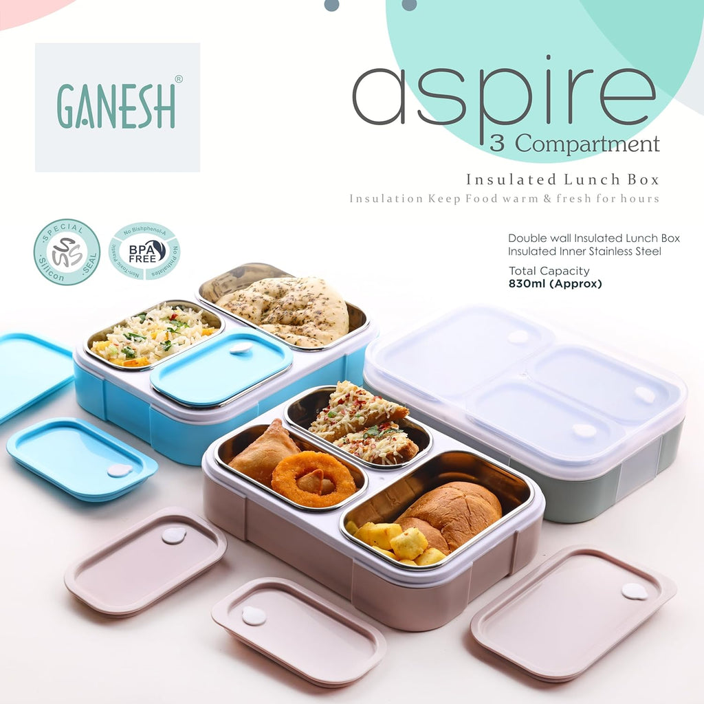 GANESH Aspire 3 Compartment Stainless Steel Lunch Box Sealed Leakage Proof Lunch Box for Office School etc 800ml-Brown