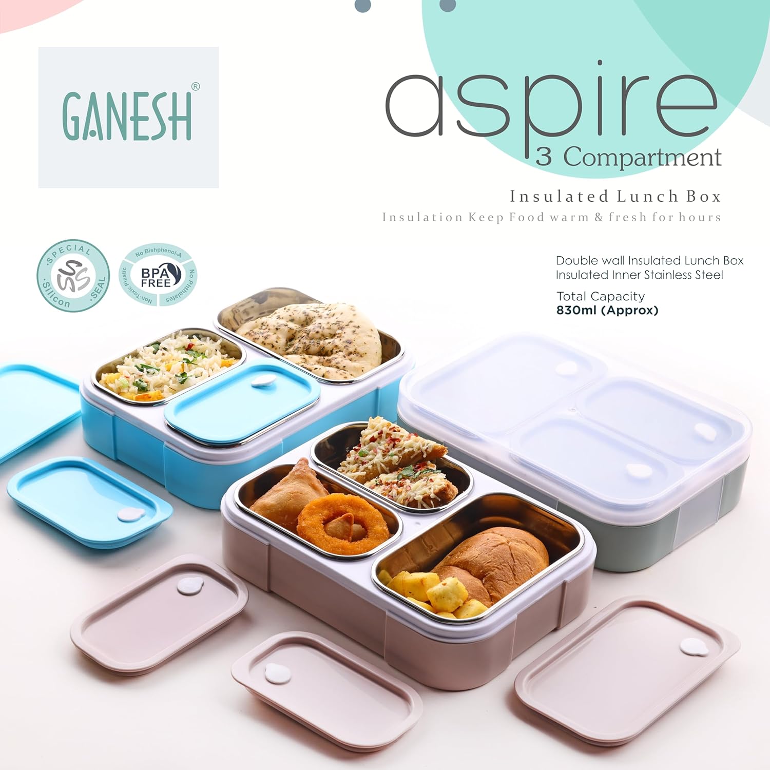 GANESH Aspire 3 Compartment Stainless Steel Lunch Box Sealed Leakage Proof Lunch Box for Office School etc 800ml-Brown