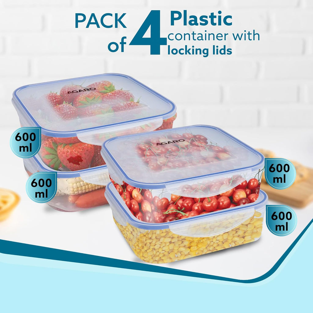 AGARO Airtight Container, Food Storage Container With Lid, Multipurpose Kitchen Container, Square Plastic Body, Leak Proof, BPA Free, Capacity 600ml Each, Pack of 4