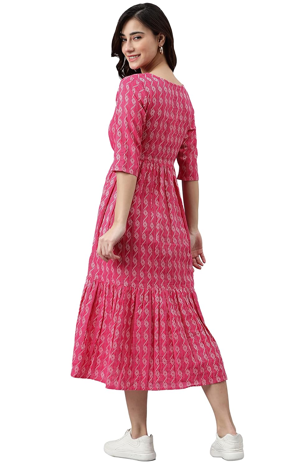 Janasya Women's Fit and Flare Calf Length Pure Cotton Woven Design Flared Western Dress