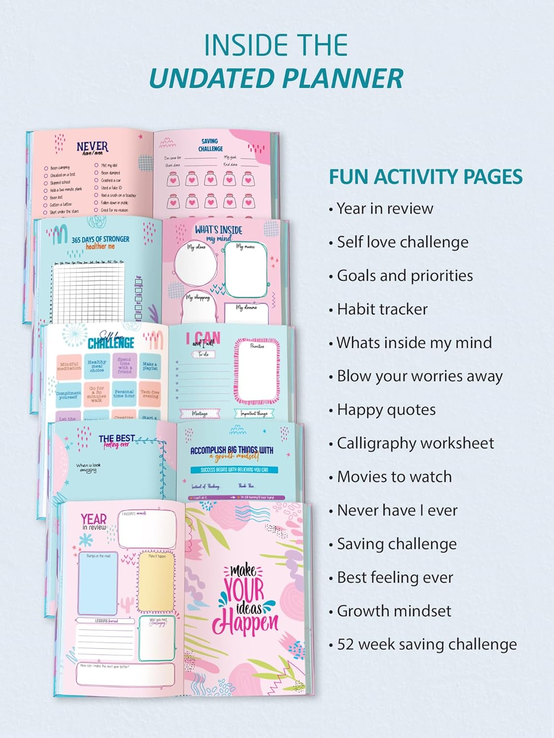DOODLE B5 Undated Yearly Planner - Start Anytime of the Year | 208 Pages | 12 Monthly Planners | 16 Activity Pages | 240 Sticker | 4 Notecards | 4 Quote Cards - (Flowing Thoughts)