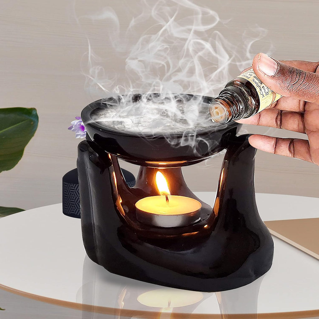 Pure Source India Ceramic Hand Type Aroma Diffuser Oil Burner with Lemon Grass & Rose Oil 10ml Each (Black)