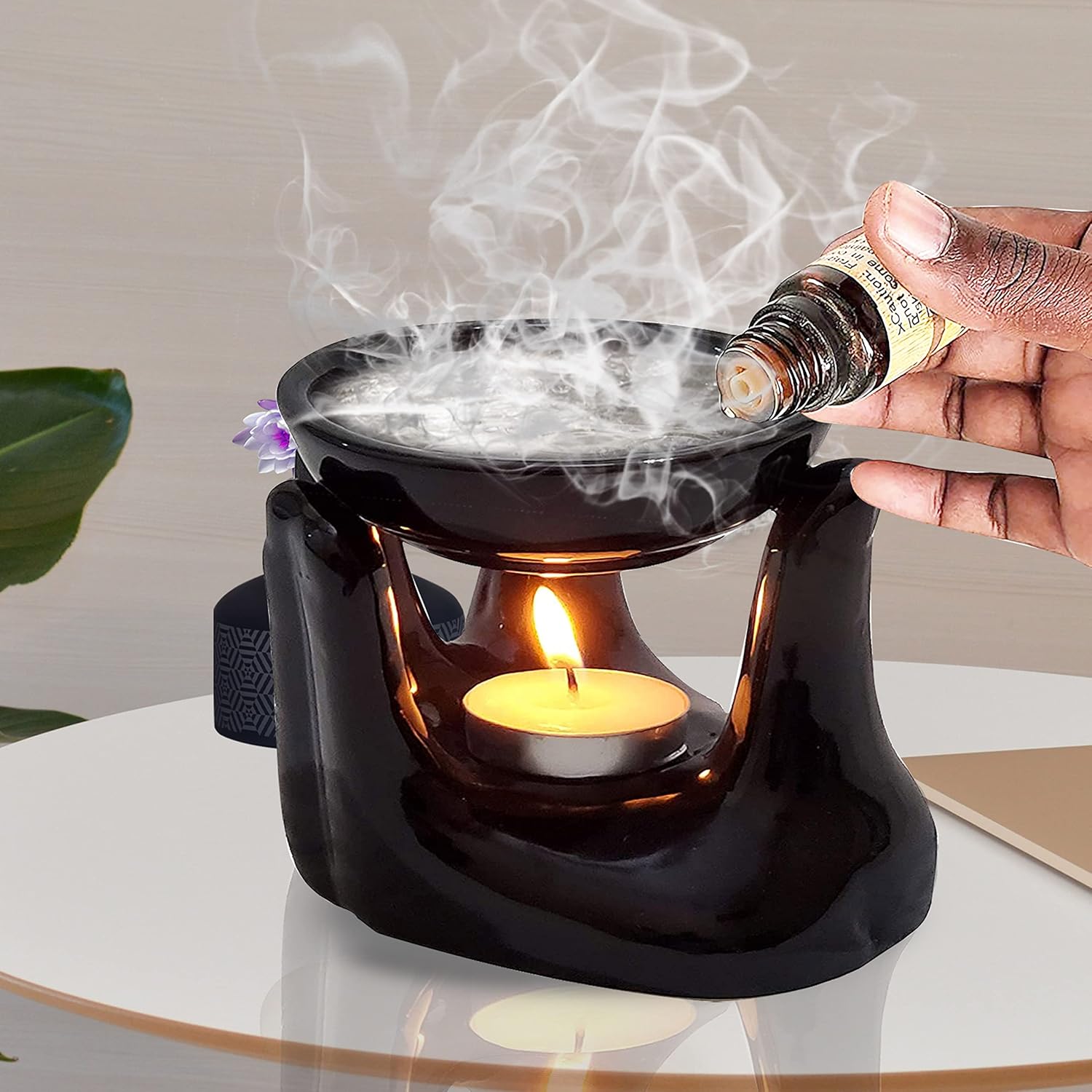 Pure Source India Ceramic Hand Type Aroma Diffuser Oil Burner with Lemon Grass & Rose Oil 10ml Each (Black)