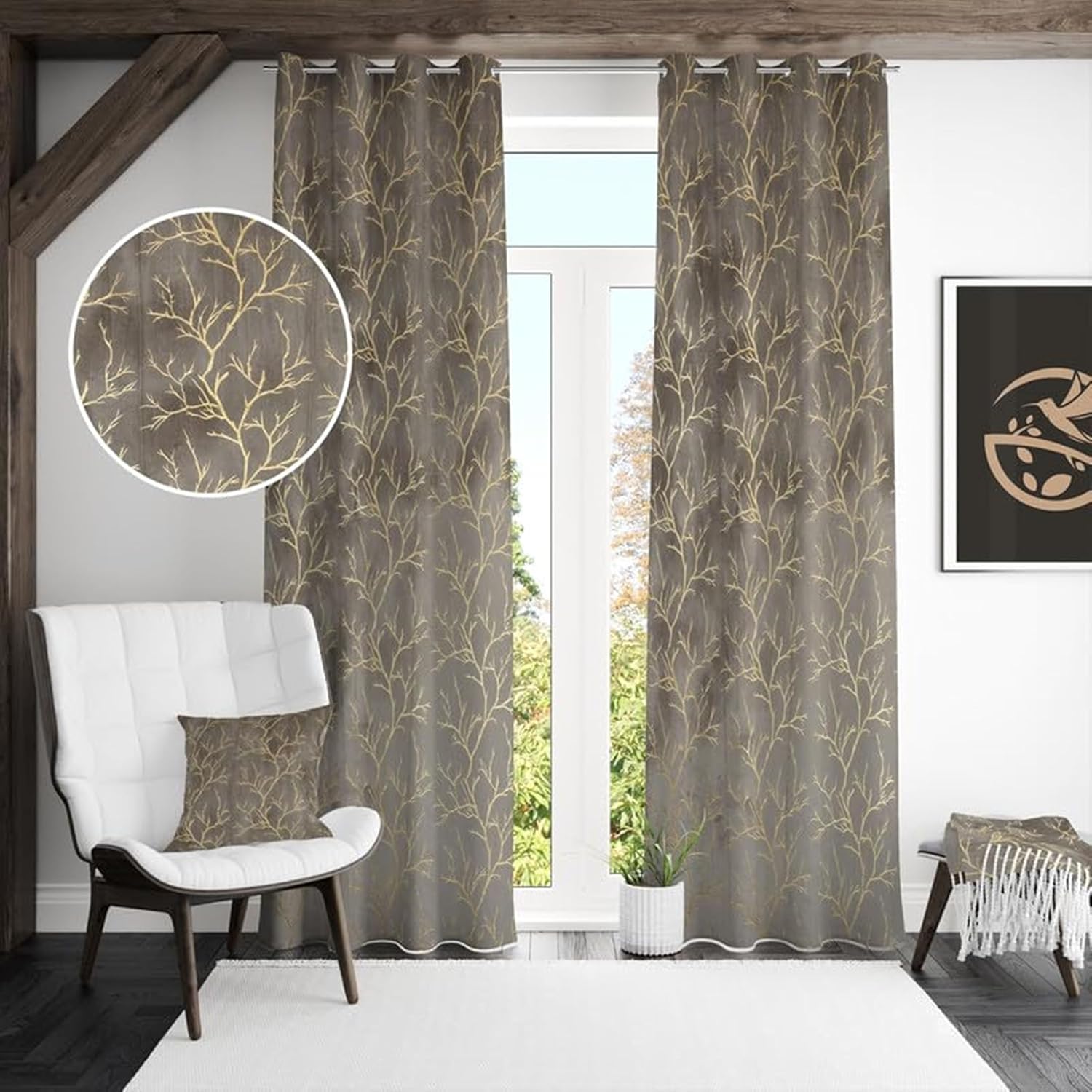 Amazon Brand - Solimo Polyester 75% Blackout Leaf Print Window Curtains|75% Room Darkening|5 Feet|Set of 2|Leaf Print Design|for Living Room Kids Room & Bedroom | Color- White& Blue| Light-Filtering