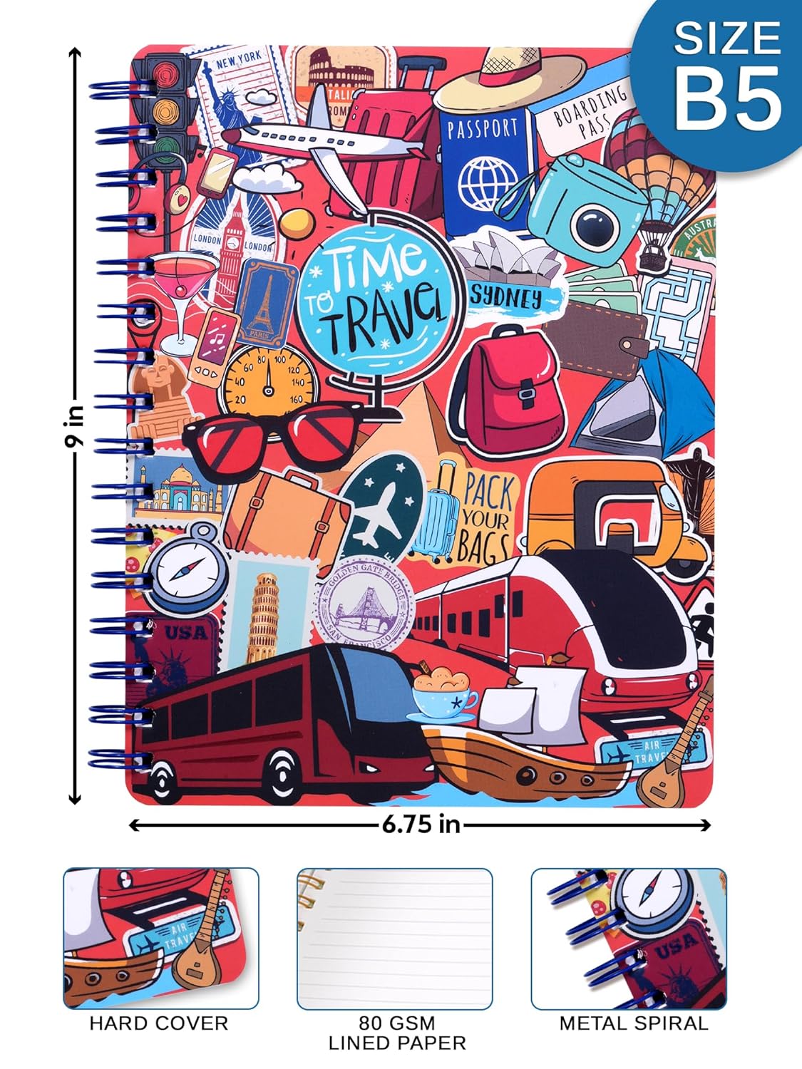 DOODLE Hardbound Spiral Notebook Diary B5 | 160 Ruled Undated Pages | 80 GSM Acid-Free Paper | Bookmark Dangler & 100+ Stickers | Lay Flat | Travel Journal for Writing & Gifting