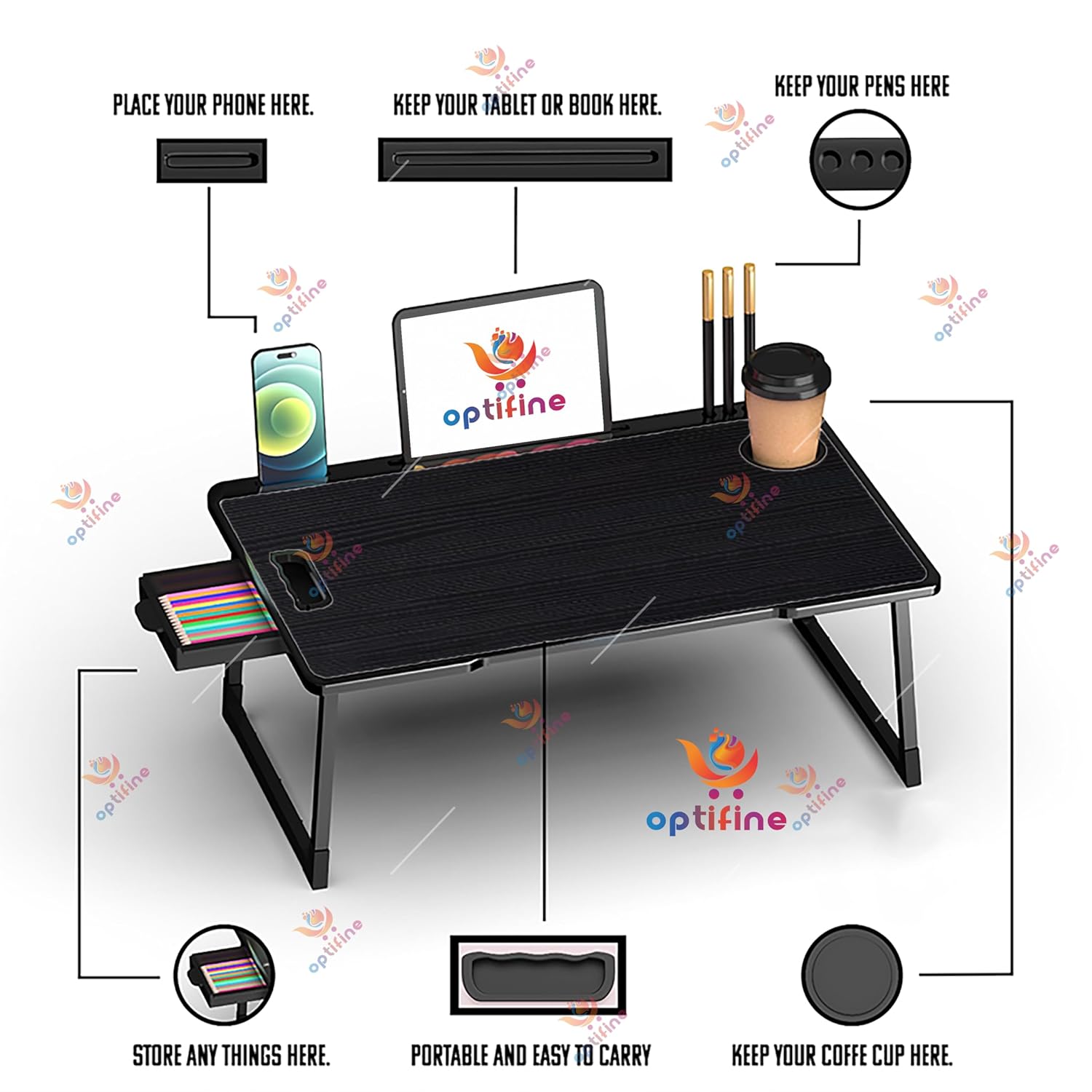 Magic.ly Study Table Bed Table Premium Laptop Table/Foldable and Portable Wooden/Writing Desk for Office/Home/School (COTTED Black), 59cm, 40cm