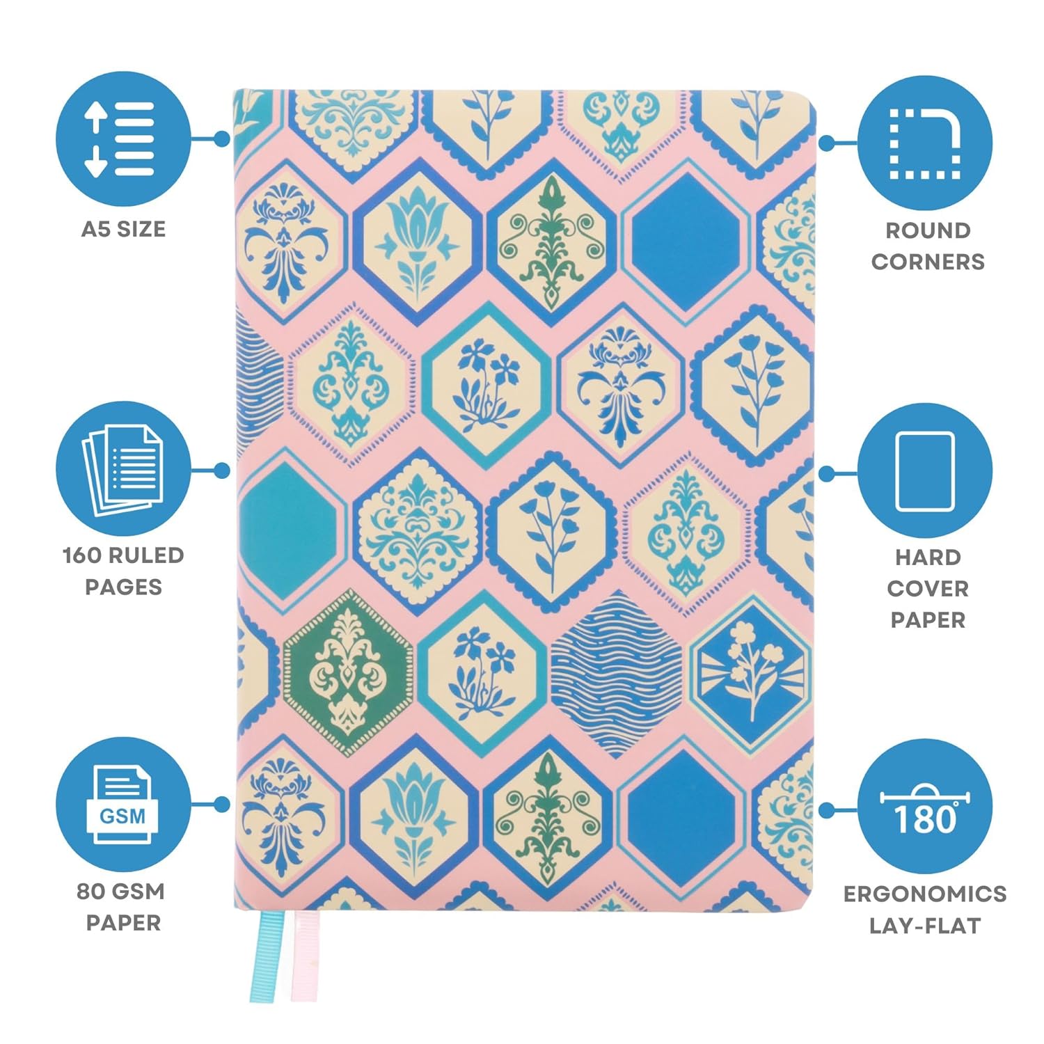DOODLE Hard Bound Soft Foam Padded Hard Cover Paper Notebook | Compact A5 Size (8.25 x 5.7) | 160 Pages, 80 gsm | Flat Opening | Round Corners | Soft Foam Padding | 2 Bookmark Ribbons - Heritage Hues