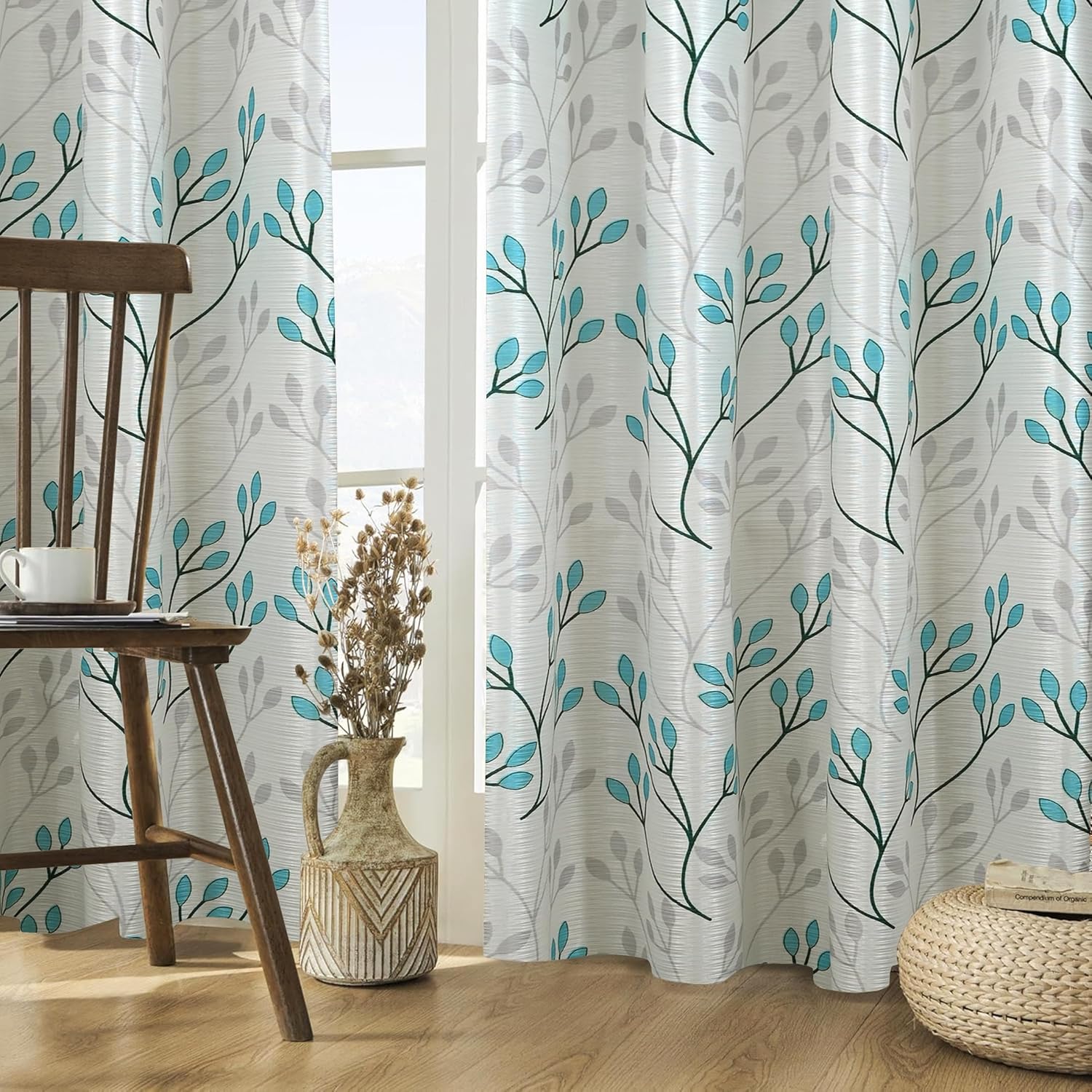 Amazon Brand - Solimo Polyester 75% Blackout Leaf Print Window Curtains|75% Room Darkening|5 Feet|Set of 2|Leaf Print Design|for Living Room Kids Room & Bedroom | Color- White& Blue| Light-Filtering