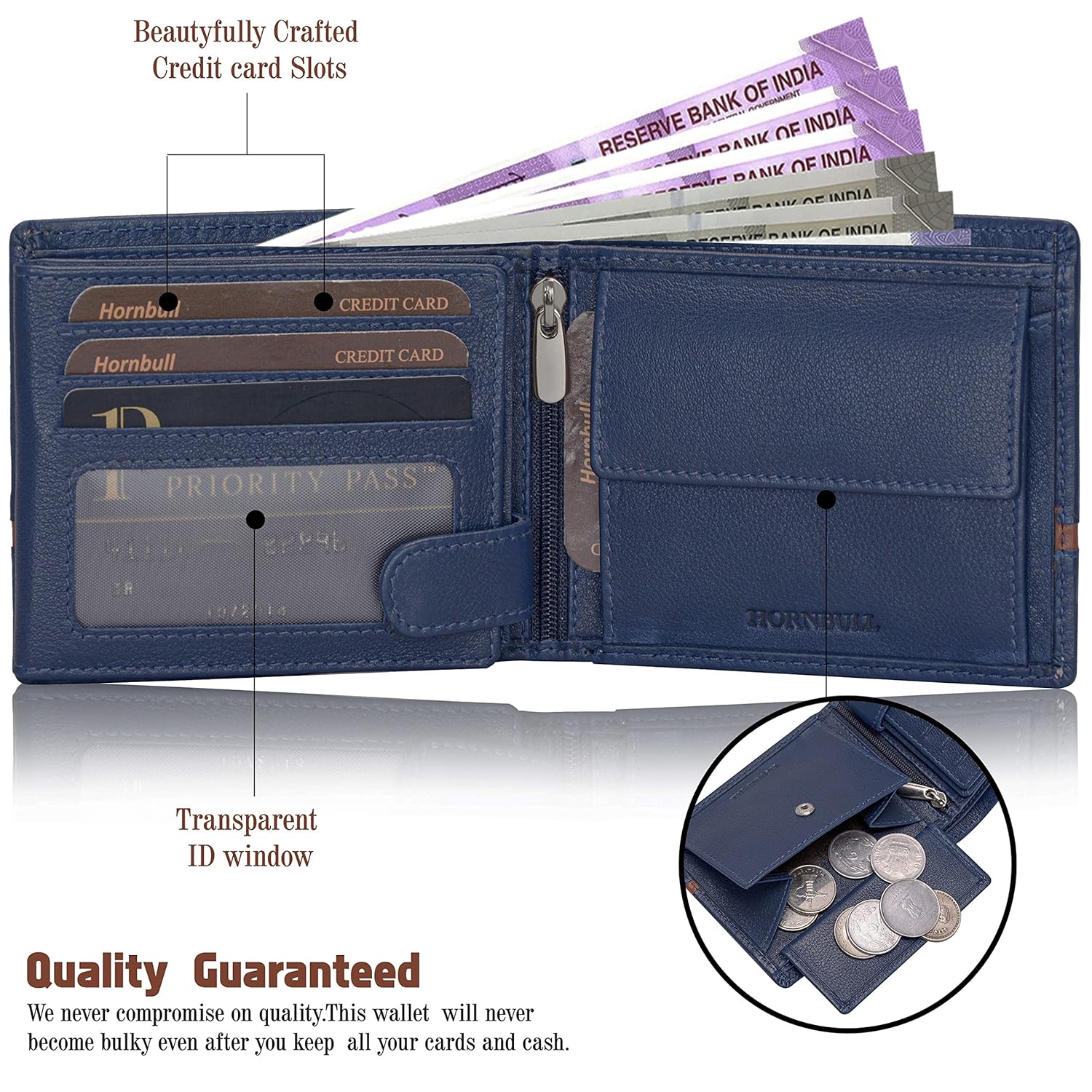 HORNBULL Denial Navy Leather Wallet for Men | Genuine Leather Wallet with RFID Blocking | Purse for Men