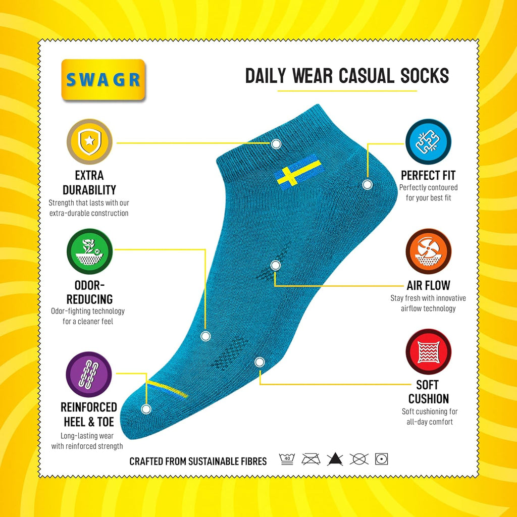 SWAGR 12 Pairs Solid Cotton Ankle Length Socks for Men Women, Pack of 12., Assorted