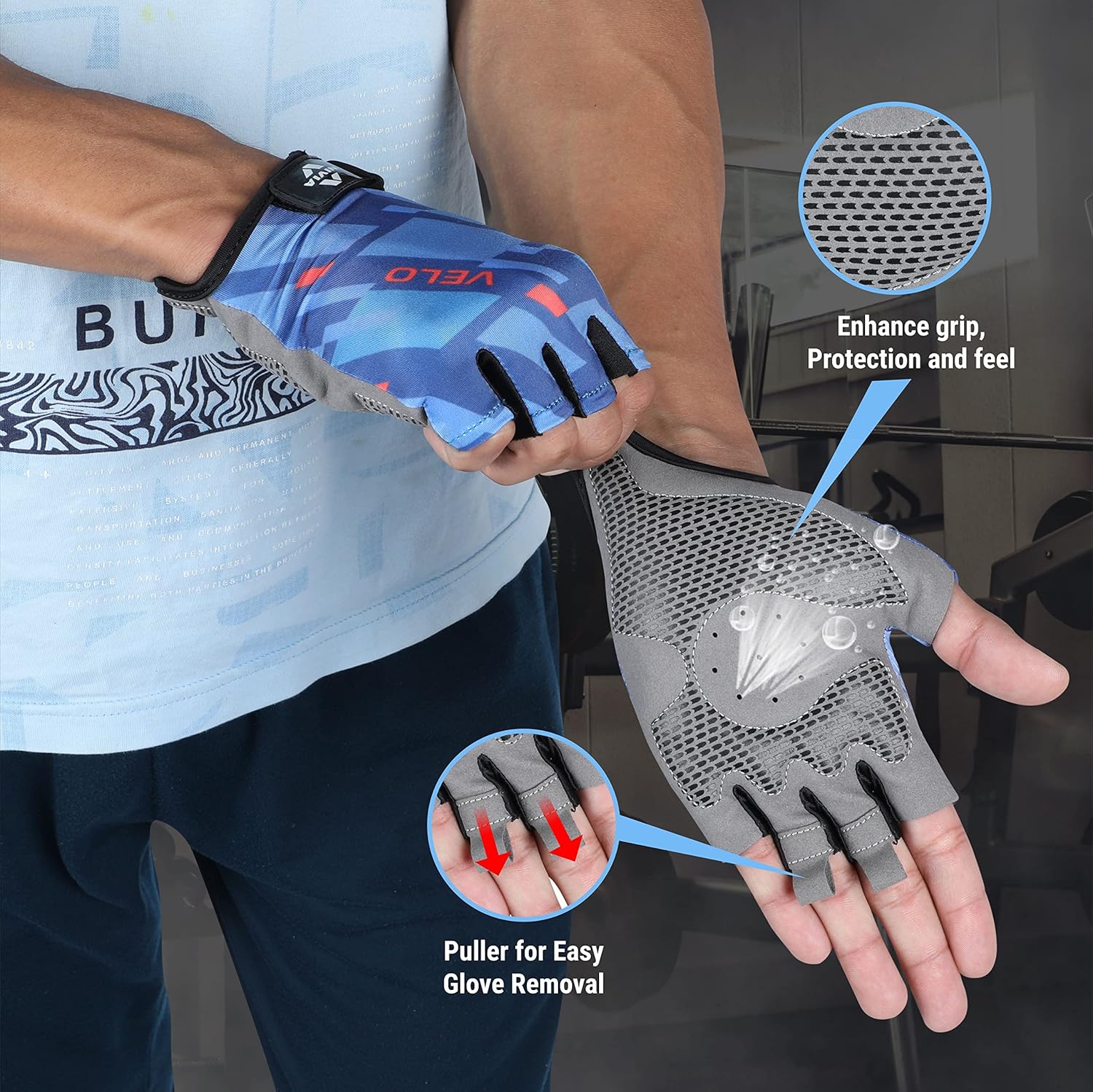 Nivia Velo Fitness Gloves, Micro Sued Cycling Gloves, Airculate & Snug Fit Technology with 1/2 Finger Length Gloves (Large) - Blue