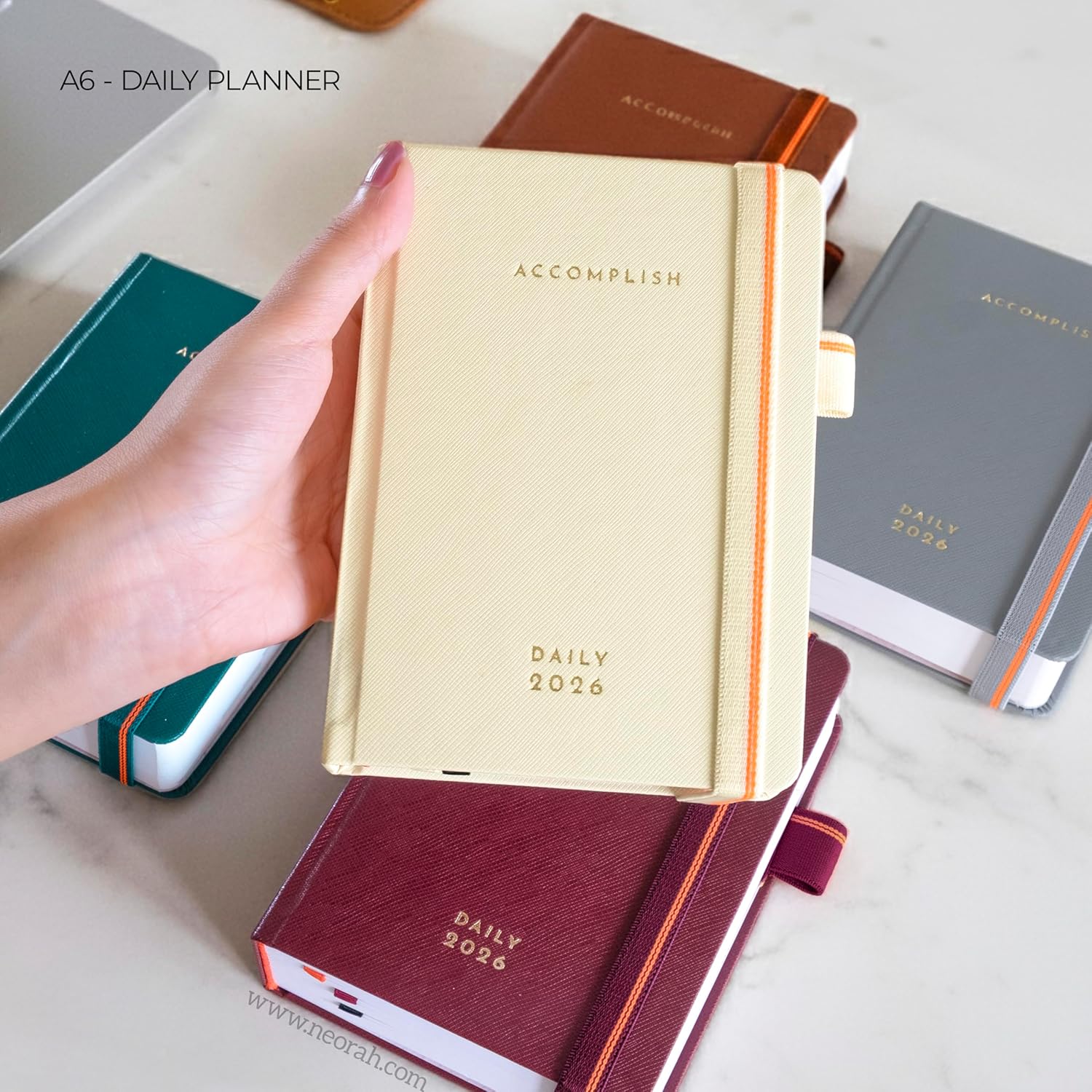 NEORAH — A6 DAILY DATED Planner 2026 ACCOMPLISH-512 Pages of Yearly•12 Month•52 Week+Hourly•365 Daily Journal Pages•Budget•Habit Tracker-Office Diary Academic-Hardcover[Pen Loop Attachable](AFTERGLOW)