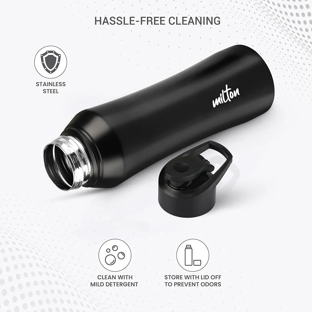 MILTON Comet 1000 Stainless Steel Water Bottle 1000 ml, Single Walled, ISI Certified I Leak Proof Lid, Rust Proof I For School, Office, Gym I Black
