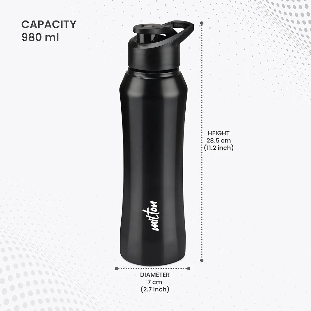 MILTON Comet 1000 Stainless Steel Water Bottle 1000 ml, Single Walled, ISI Certified I Leak Proof Lid, Rust Proof I For School, Office, Gym I Black